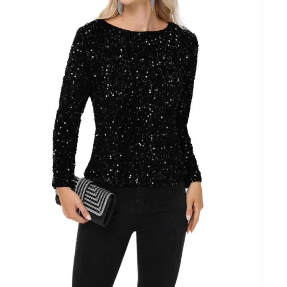 Anna-Kaci Women's Sparkle and Shine Tops Sparkly Long Sleeve Sequin in Size S